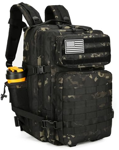 TianYaOutDoor Sac à dos tactique d'assaut 45 L avec système Molle étanche pour randonnée, voyage, camouflage noir, 70L, Militaire