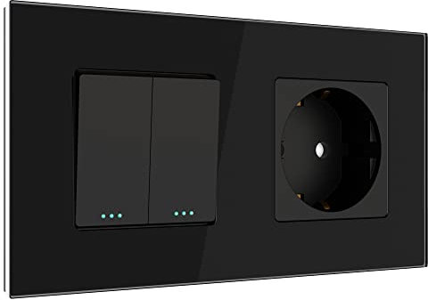 PULSAR Steckdose mit Wechselschalter 2-Fach Glas Schwarz - Serienschalter Lichtschalter Doppelt Unterputz mit Schutzkontakt-Steckdose 16A 250V