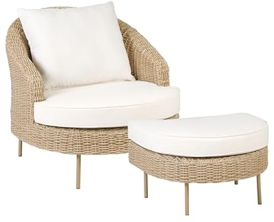 Beliani Poltrona da giardino in rattan in vimini colore naturale con poggiapiedi