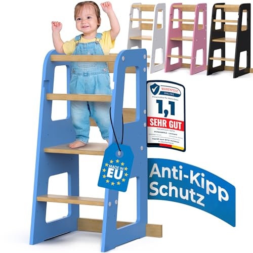 Schwanfeld® Lernturm ab 1 Jahr [ANTI KIPP SCHUTZ] - inkl. Montagezubehör - Montessori Lernturm aus zertifiziertem Massivholz (bis zu 50kg belastbar) - Learning Tower 3 Level (höhenverstellbar)
