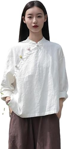 Kkaebi Blusa Cinese In Ramie Per Donne - Camicia Hanfu Estiva In Cotone E Lino Abbigliamento Tradizionale Tuta Da Meditazione Con Maniche Lunghe Top Tunica Retrò (S,Bianco)