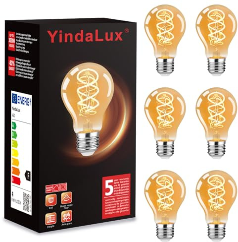 YindaLux E27 LED-lampa varmvitt ljus 2 200 K Edison-glödlampa, vintage, 4 W, energisparlampa, retrostil, heminredning, bar, 6 st, A60