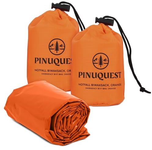 PINUQUEST Emergency Bivvy Bag, Set of 2, Green/Orange (213 × 91 cm), Emergency Bivouac is Ultralight, Waterproof as well as Wind, Heat and Cold Repellent, Emergency Sleeping Bag Ideal for Outdoor