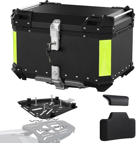 Baúl de Aluminio para Moto 45L 55L 65L 80L 100L, Maleta Top Case Impermeable, Maletero de Motocicleta, Caja para Scooter con Placa de Montaje y Respaldo (Negro, 80 L)