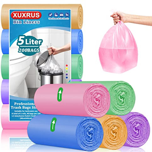 XUXRUS 200 Pezzi Sacchetti Spazzatura Piccoli, Sacchi Immondizia 5 Litri 38x43cm, Anti-Perdite, Senza Odore, Ultraresistenti per Cucina, Soggiorno, Ufficio (Colorato)