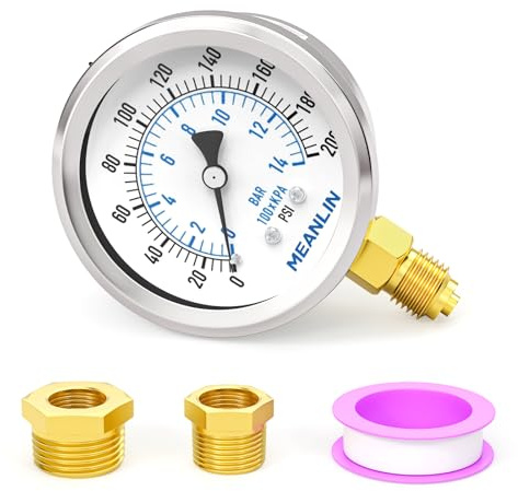 MEANLIN MEASURE 0~200Psi/0~14BAR Dry Pressure Gauge Stainless Steel 1/4 BSP 2 FACE DIAL Waterproof for Well Pump Water Tire Water Pressure Tester Lower Mount, with 1/2 BSP and 3/8 BSP Hex Bushing