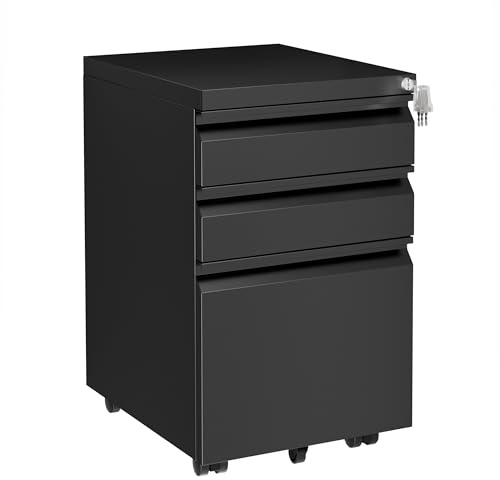 LVSTEEL Mobile Filing Cabinet, Lockable 3 Drawers with Suspension File Hanging Rails, With 4 Keys, Lockable Office Drawers Cabinet for Letter/Legal/A4 Size, Black