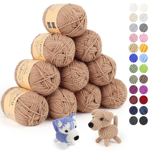 Coopay 10 Ovillos de Lana para Tejer, 450g (10x 45g), Lana para Crochet Suave en Algodón y Fibra, 5 Hilos, Lana para Crochet y Tejer para Bebé, Hilo para Crochet Bufanda, Manta, Guantes - Kaki