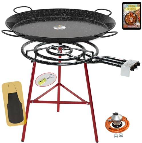 Kit de barbecue à gaz butane COMBOI 70 cm – Poêle émaillée 90 cm, pieds renforcés, régulateur, tuyau, niveau, tablier et livre de recettes numérique – Brûleur à 3 anneaux pour l’extérieur