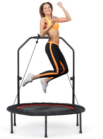 GOPLUS Fitnesstrampolin Indoor, φ101cm mini Trampolin mit verstellbarem Handlauf, klappbares Kindertrampolin bis 150kg belastbar, Gartentrampolin für Erwachsene (Rot)