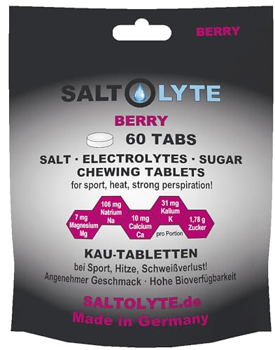 SALTOLYTE 60 TABS compresse masticabili con sodio, potassio, calcio e magnesio per sport, calore, perdita di sudore (60, Berry)