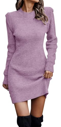 KBOPLEMQ Robe en tricot pour femme - Col rond - Robe midi - Couleur unie - Robe longue en laine - Robe pull chaude - Pull long - Robe d'hiver mini, O violet, M