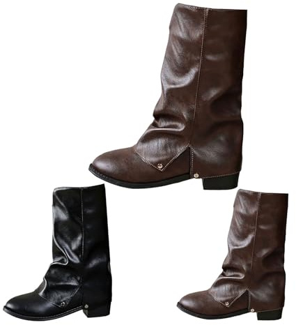 Bottines hautes en cuir pour femme - Bottes à enfiler - Bottes pliantes - Bottes pointues - Bottes longues rabattables - Bottes de cowboy classiques - Bottes d'équitation, marron, 43 EU