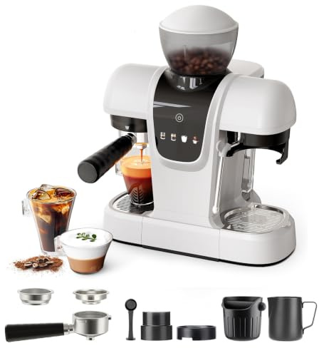 RECAFIMIL Máquina de espresso de 19 bares con molinillo de granos, cafetera 2 en 1 para café molido, capuchino y latte con espumador de leche, panel táctil, depósito de agua extraíble (blanco)