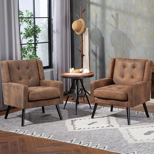 Koaris Pack de 2 Fauteuils Chesterfield - Dossier Haut Capitonné à Boutons, Pieds en Bois Massif Noir - Revêtement Suède Brun (Pack Salon)
