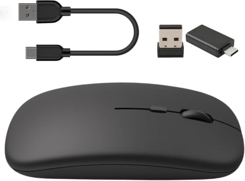 Raton Inalambrico Bluetooth Recargable 2,4 GHz Silenciar Modo Dual 5.1 | 2 Receptores USB A+USB C,3 DPI Ajustables(800/1200/1600),compatible con Mac-Book Pro/A-ir/iPa-d (iO-S 13)/portátiles/PC