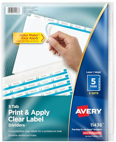 Avery 11436 Print & Apply Clear Label Dividers w/White Tabs, 5-Tab, Letter (Pack of 5 Sets)