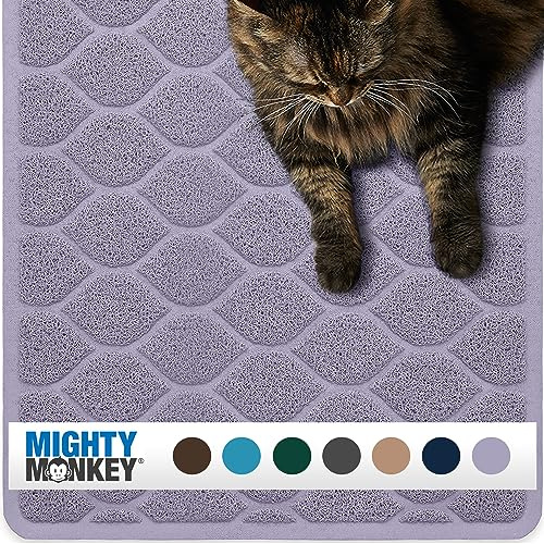 MIGHTY MONKEY Durable Easy Clean Cat Litter Box Mat, Great Scatter Control Mats, Keep Floors Clean, Soft on Sensitive Kitty Paws, Cats Accessories, Large Size, Slip Resistant, 35x23, Purple