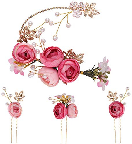 5 Stücke U-förmige Rose Haarnadel Französisch Seitenkämme Haarspangen Hochzeit Zubehör für Braut Brautjungfer (Rosa)