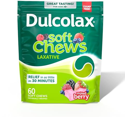 Dulcolax Saline Laxative Soft Chews, Gentle Constipation Relief, Mixed Berry Flavor, Magnesium Hydroxide 1200 mg, 60 Count