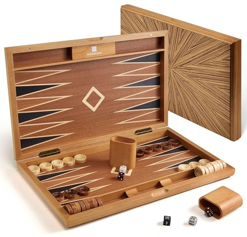 Wood Backgammon Set for Adults – 15 Inch Classic Board Game Case - Premium Folding Backgammon Set with Oversize Wooden Playing Pieces, Dices - Portable Travel Backgammon Game Set for Adults
