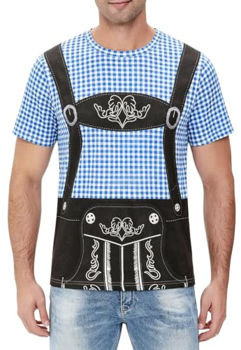 maxToonrain T Shirts for Men Oktoberfest Costume Green,Adult Traditional Bavarian Lederhosen Shirt Shortsleeve Plaid 3D Print Shirts for Mens(Blue,3XL)