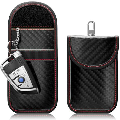 2 Stück FOAMO Keyless Go Schutz Autoschlüssel Funkschlüssel RFID Abschirmung Blocker Schlüssel-Tasche Schlüsseletui Carbon Schwarz Rot