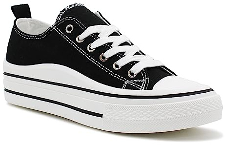 Womens Lace Up Platform Sole Canvas Baseball Sneakers Ladies Chunky Retro Flat Low Top Fashion Trainers Pumps (Black, UK Footwear Size System, Adult, Women, Numeric, Medium, 5)