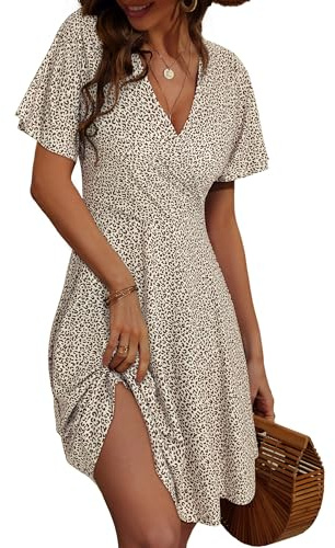 FENSACE Vestido de verano para mujer, floral, manga corta, cuello en pico, corte evasé, midi, floral-31, Large