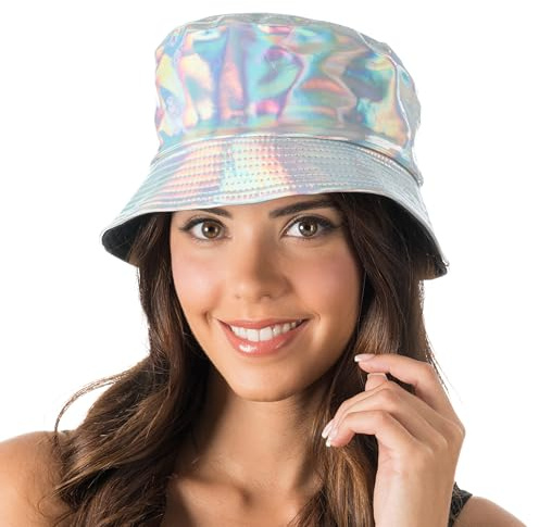 Chaks - Sombrero de pesca holográfico, sombrero cubo con purpurina, sombrero para festival, carnaval, fiesta temática