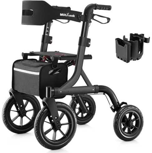 MAXWALK Déambulateur pour personnes âgées, déambulateur avec siège, déambulateur tout terrain avec grandes roues en caoutchouc de 30,5 cm