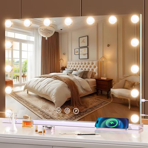 halumao Hollywood Vanity Mirror with Lights, 58 x 48 cm Makeup Mirror with Lights, USB and Type-C Output Ports, 3 Color Modes, Smart Touch Control, Tabletop or Wall Mounted Mirror For Bedroom