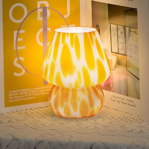 MLOQI Pilz Tischlampe für Wohnzimmer Schlafzimmer Lichter Glas Nachttile mit einer 3 -Farb -Glühbirne, Nachtlicht,Nachttischlampe Geschenke für Freunde Mini Lampe (Orange)