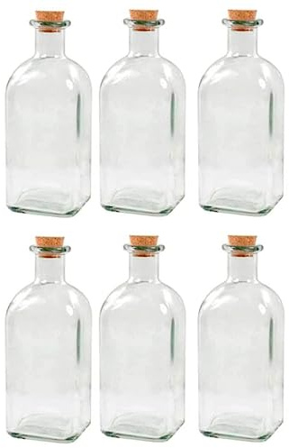 Acan Tradineur - Pack de 6 Botellas de Vidrio, frascas con tapón de Corcho, Reutilizables, rellenables, licores, Aceite, Agua, Vino, Whisky, Bodas – 700 ml