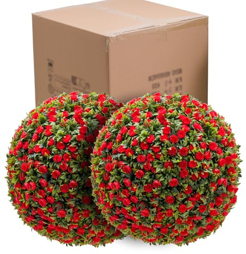 MilleLoom 17 Artificial Topiary Flower Balls, 2 PCS Hanging Grass Ball for Home Wedding Decor, Red Rose