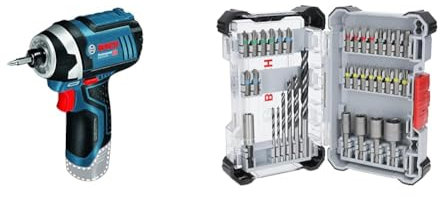 Bosch Professional 12V System Akku Drehschlagschrauber GDR 12V-105 (inkl. L-BOXX-Einlage, ohne Akku/Ladegerät) + 35x Extra Hard Schrauberbit‑ und PRO Wood Bohrer-Set (197 x 110,5 mm, Zubehör)