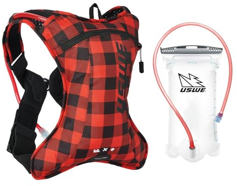 USWE Outlander XC, Zaino idrico per corsa, escursionismo, con sacca d'acqua (1,5 litri), Hydropack per uomini e donne, zaino e attrezzatura per ciclismo, MTB (flanella rosso/nero, 2L)
