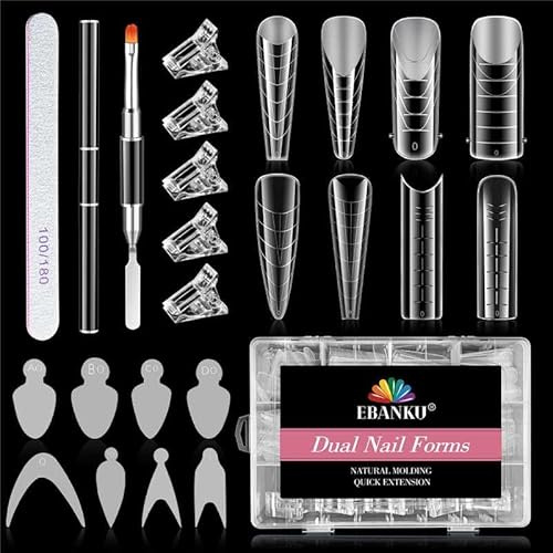 EBANKU Dual Form Kit, 192PCS Poly Gel formes pour ongles français, Couverture complète Ongles moule Tips Extension des ongles acrylique avec 96PCS ongles formes autocollants
