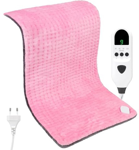 Manta Electrica para Alivio de Dolores Musculares - Esterilla Electrica con 9 Niveles de Temperatura Ajustable Y Temporizador de 2 Horas para Hogar/Oficina/Viajes (Rosa + Gris, 30 x 60 cm)