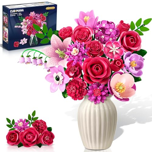 CUBIMANA Bouquet de Fleurs Costruzione avec LED - 21 Roses Rouges Collection Botanique pour Adultes, Cadeau de Saint-Valentin pour votre femme/petite amie/mère, 832PCS Plantes Artificielles pour Décor