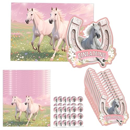 JYNVO 12 biglietti d'invito per compleanno di bambina con cavalli, 12 adesivi e 12 buste - Motivi con cavalli - Inviti di compleanno per bambine - Festa per bambini