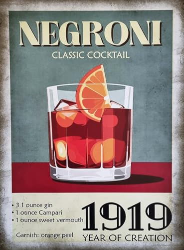 KUSTOM ART Poster Decorativo da Parete Serie Pubblicità Vintage Cocktail Negroni 1919 Ricetta Stampa su Carta Patinata 40x30cm Senza Cornice