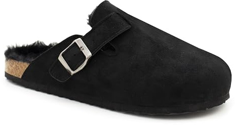 Womens Winter Slippers Faux Fur Lined Suede Clogs Slip On Adjustable Buckle Cork Footbed Backless Mules Ladies Casual Slippers (Black, 6, UK Footwear Size System, Adult, Women, Numeric, Medium, 6)