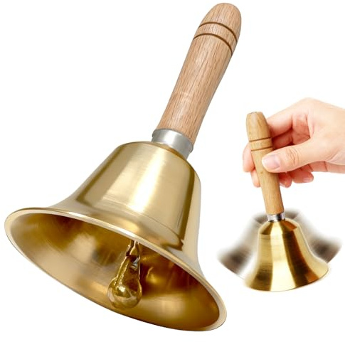 Minfuerang Campana a Mano, Campanello a Mano con Manico in Legno, Campana di Chiamata in Ottone Massiccio per Anziani a Casa, Matrimonio,Cena, Meditazione,Natale (14.5 * 8cm)