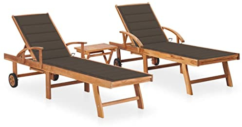 SKTQYQO Transats en bois massif de teck avec table et coussin, 2 pièces, dossier et repose-pieds réglables, meubles de jardin durables et confortables pour se détendre en plein air,
