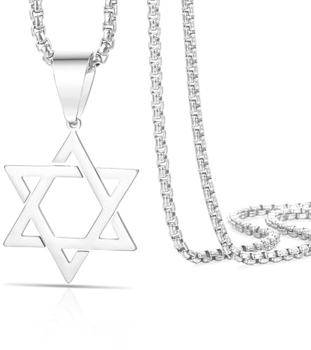 VASSAGO Collana con Stella di David per Uomo Donna in Acciaio Inox Ciondolo Esagonale con Croce, Gioiello Religioso Ebraico Delicato, Regolabile, Acciaio inossidabile, Non pietra preziosa