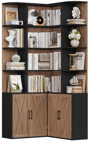 FirFurd Bookcase 6-Tier Corner Bookshelf L Shaped Bookcase Free Standing with 12 Open Compartments & 4 Doors Tall Display Cabinet for Living Room Home Office 187x80x80cm Black+Oak