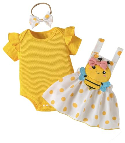 LUVCES Neonata Gonne Set Maniche Corte con Volant Top + Tuta Stampata Abito con Bretelle +Fascia per Capelli Set di Abiti Estivi Completo Ape gialla 0-3 Mesi