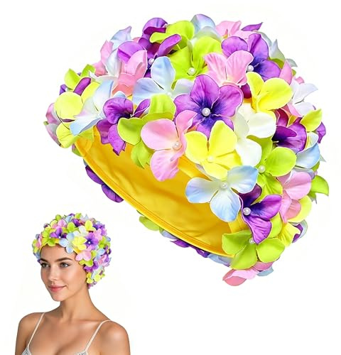 Cuffia da donna con elegante design floreale 3D - Cuffia da nuoto retrò in tessuto leggero, ideale per piscina e tempo libero, taglia grande