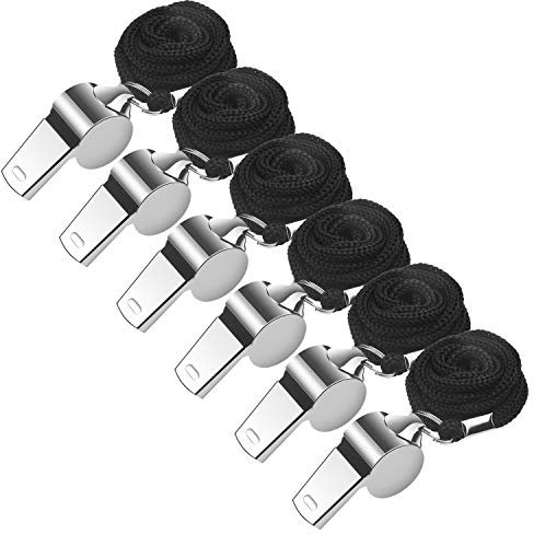 BizoeRade 6 Stück Edelstahl Trillerpfeife, Metall Sportpfeife Trainerpfeife Schiedsrichter pfeifen Signalpfeife mit Verstellbarem und Entfernbar Schlüsselband für Schulsport, Fußball, Hundetraining